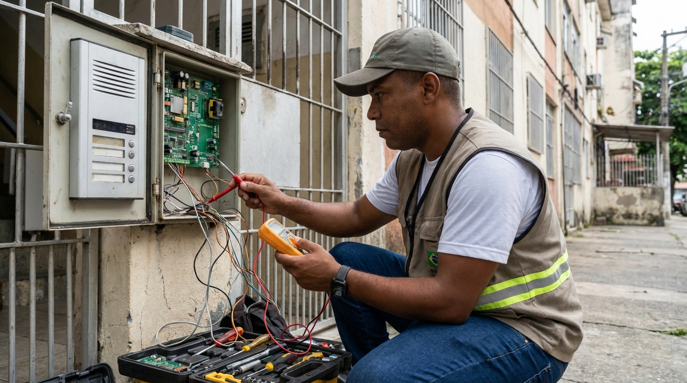 Eletricista consertando interfone em São José dos Campos‑SP