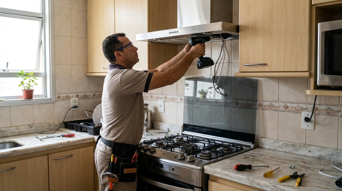 Eletricista instalando coifa em São José dos Campos‑SP