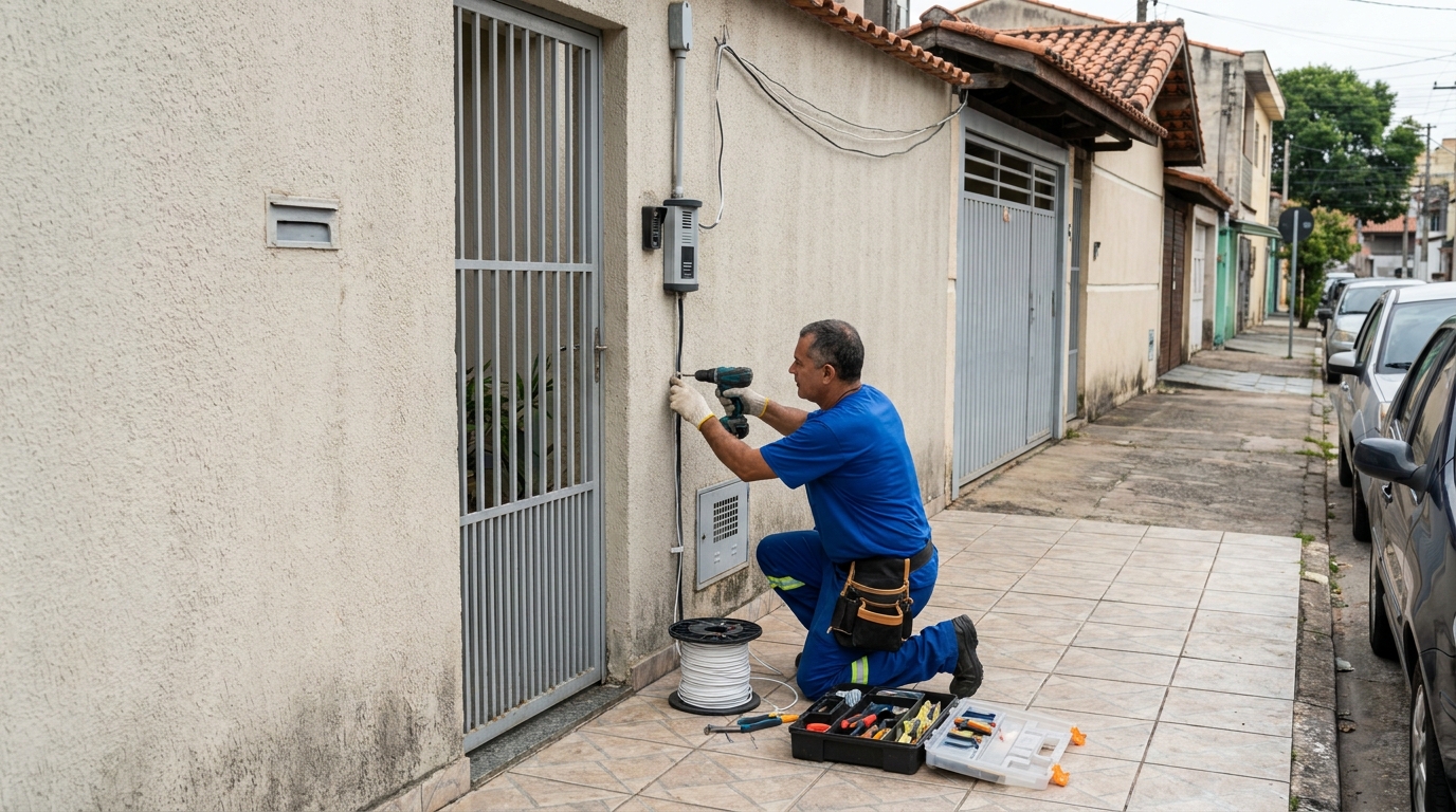 Eletricista instalando interfone em São José dos Campos‑SP